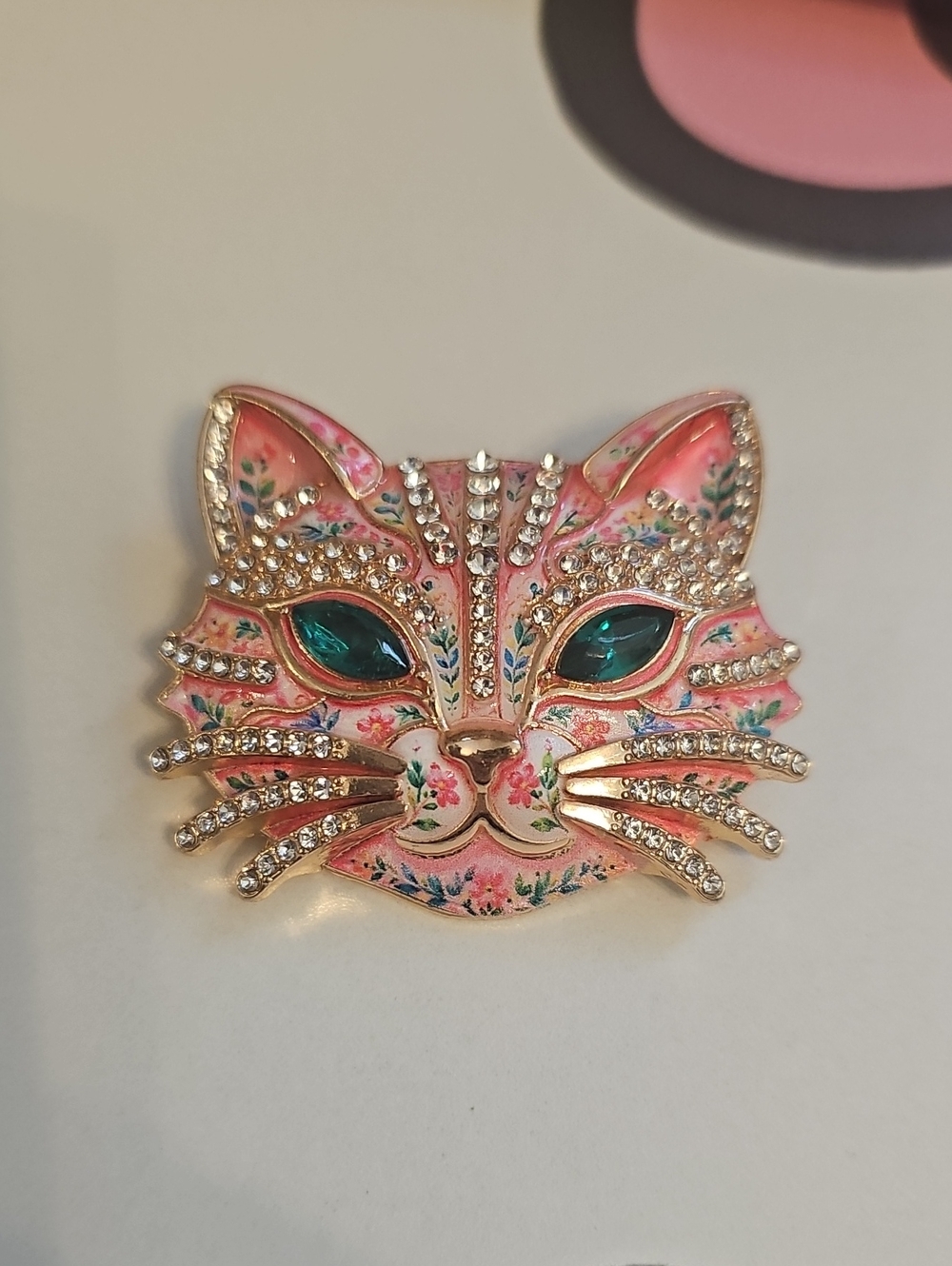 Cat Face Brooch Rhinestones Pink Floral Design Gold Tone Metal